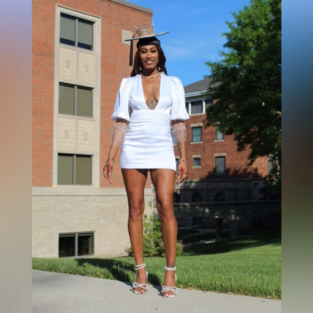 White Satin Mini Dress with bedazzled sleeves